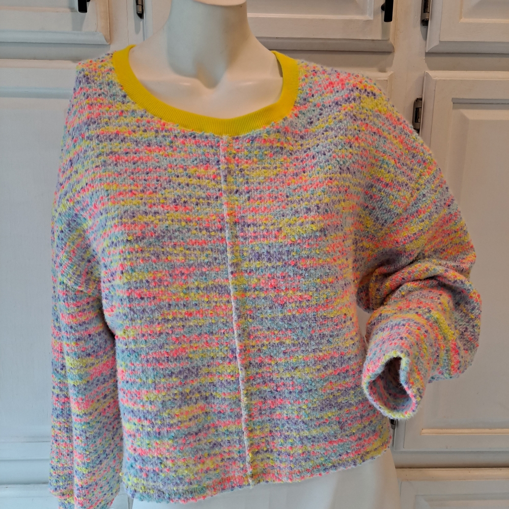 New In Neon Multicolor Funfetti Boucle' Crewneck Cropped Sweater w/Yellow Trim